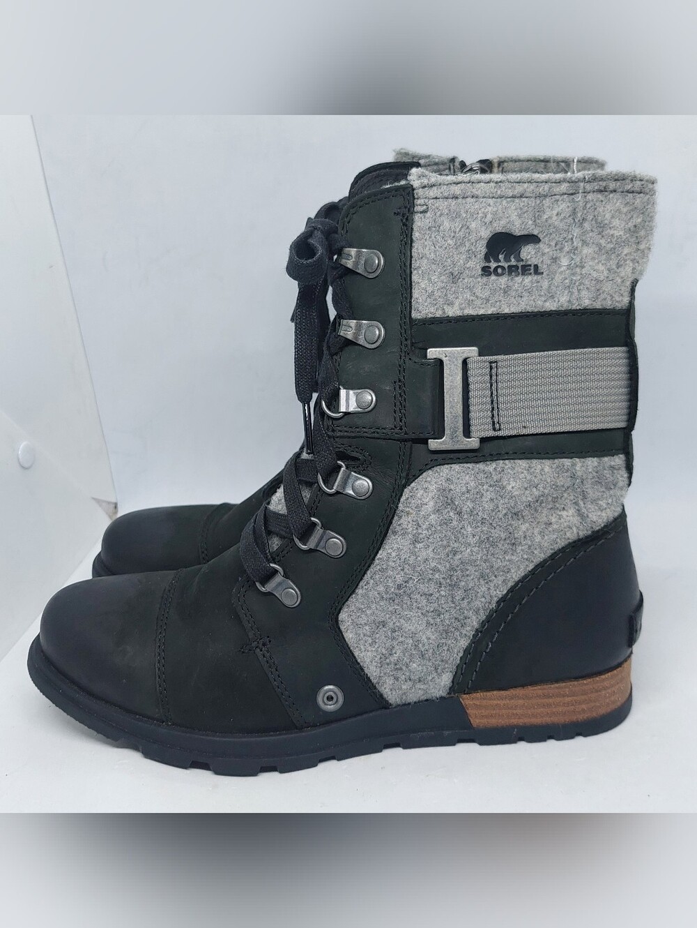 Sorel Major Carly Boots Womens 8.5 Black Gray Leather Shoes Lace Up Combat Zip